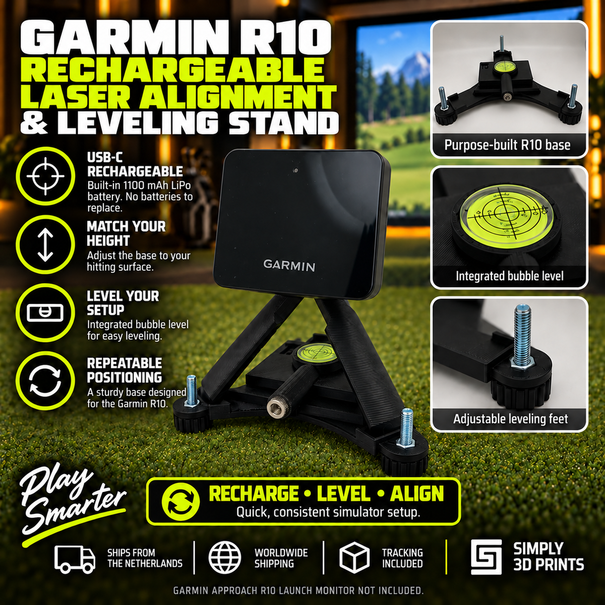 Garmin R10 stand with rechargeable laser and adjustable feet — product overview