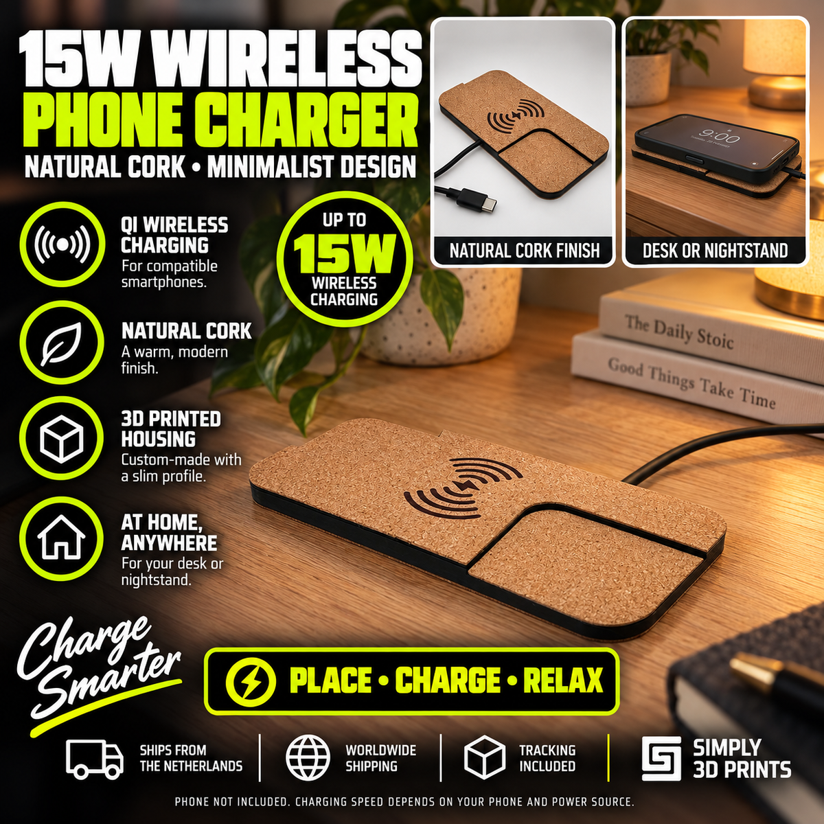 15W wireless phone charger with natural cork finish — product overview