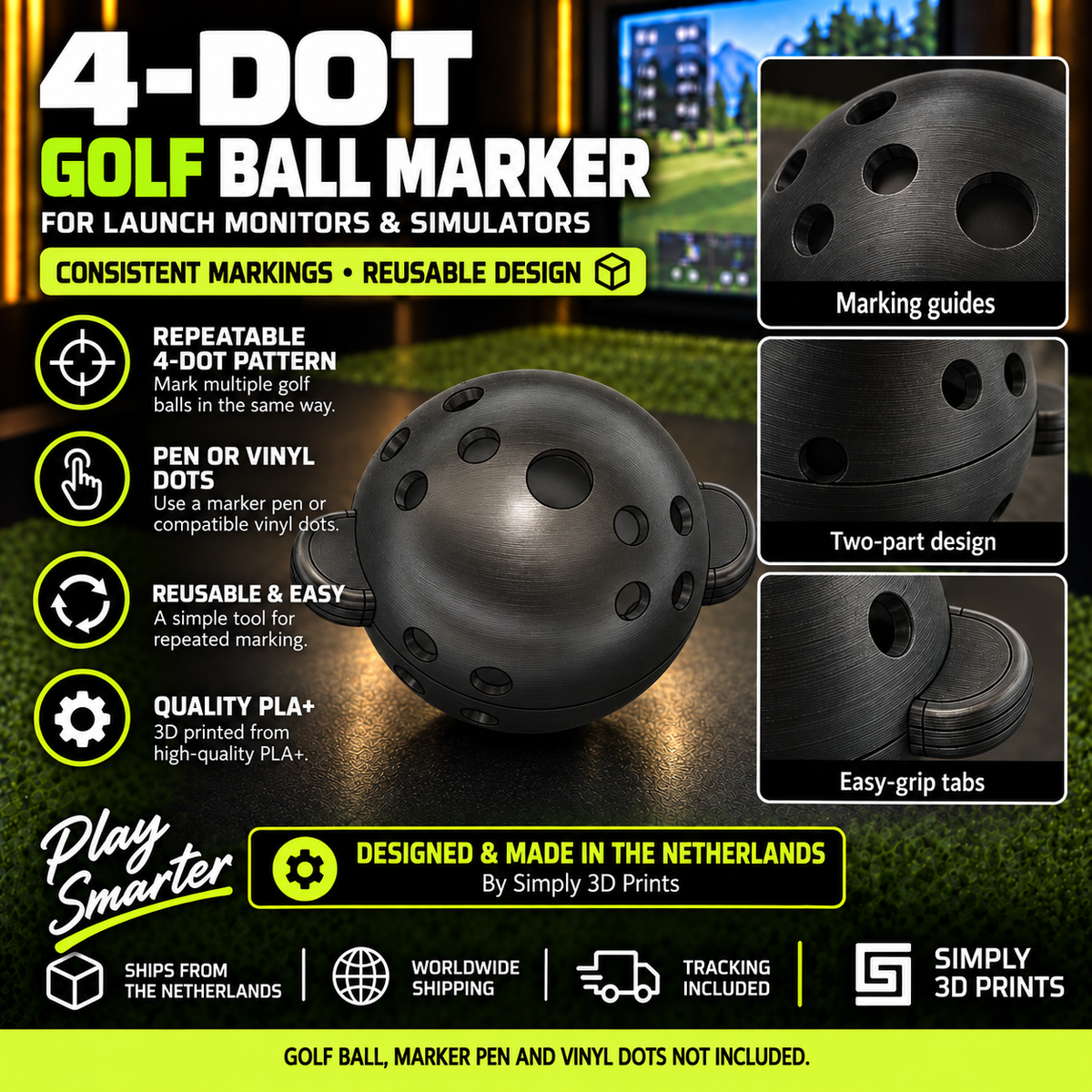 Four-dot golf ball marker for compatible launch monitors and simulators — product overview