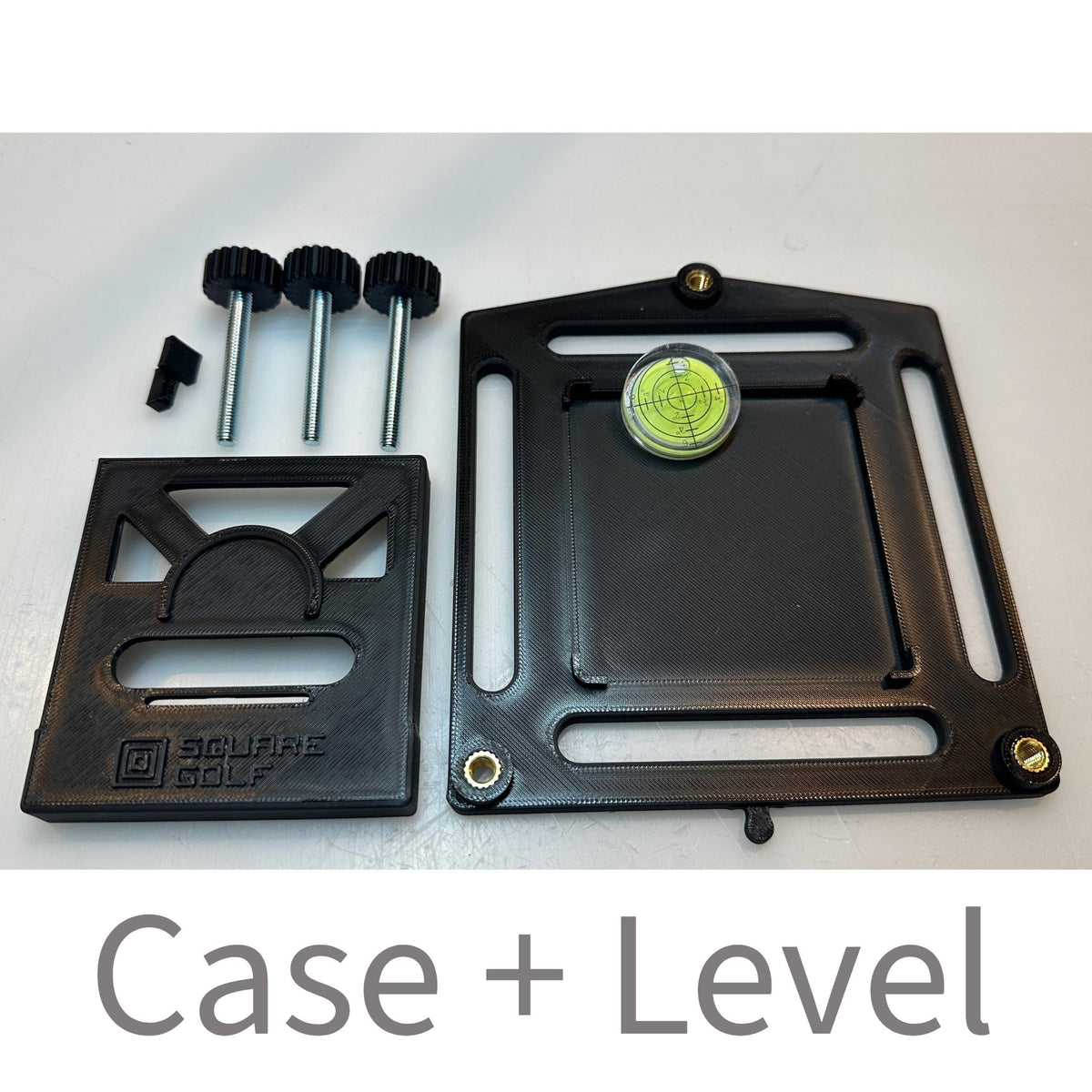 Square Golf Case + Level components with adjustable feet and bubble level