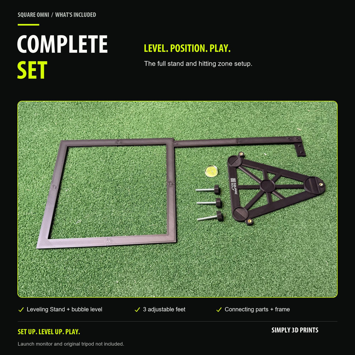 Square Golf Omni Complete Set components with stand, connecting arm and hitting zone frame