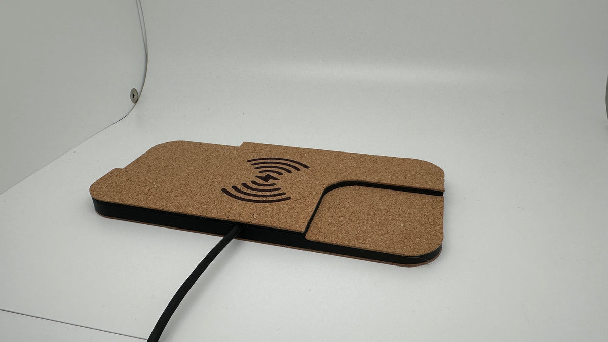Cork-finished wireless charging pad with attached cable