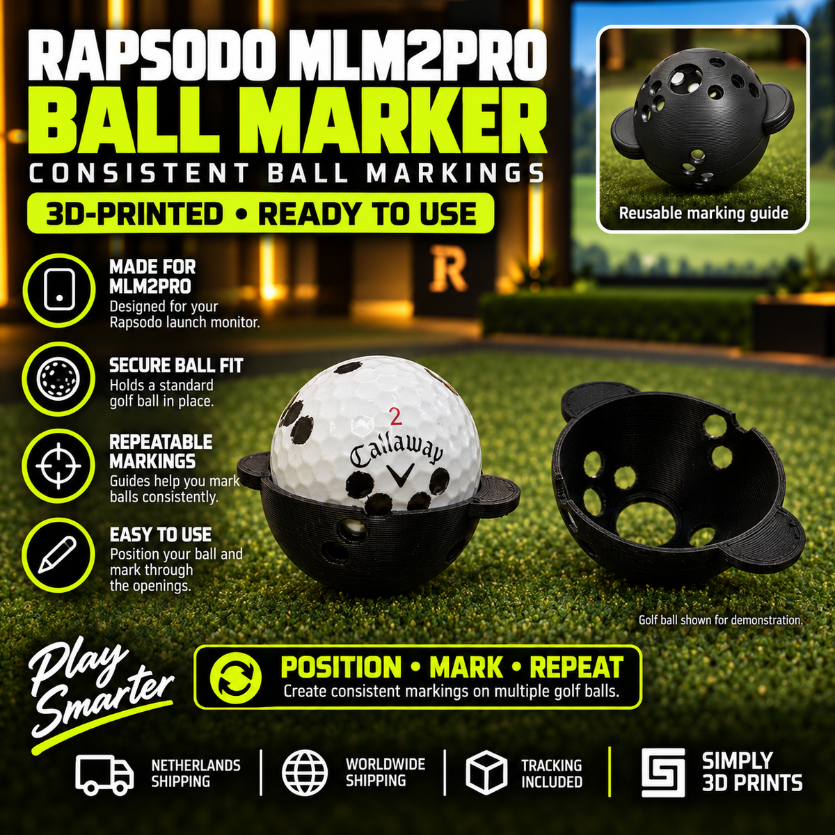 Rapsodo MLM2PRO ball marker with golf ball and marking guides — product overview