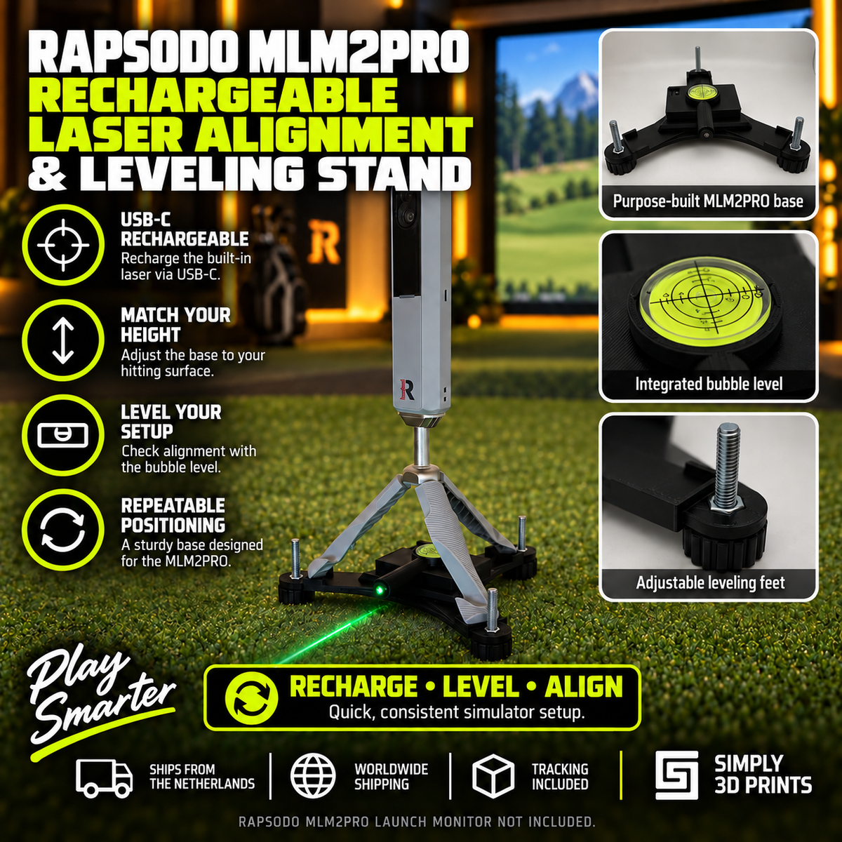 Rapsodo MLM2PRO stand with rechargeable laser — product overview