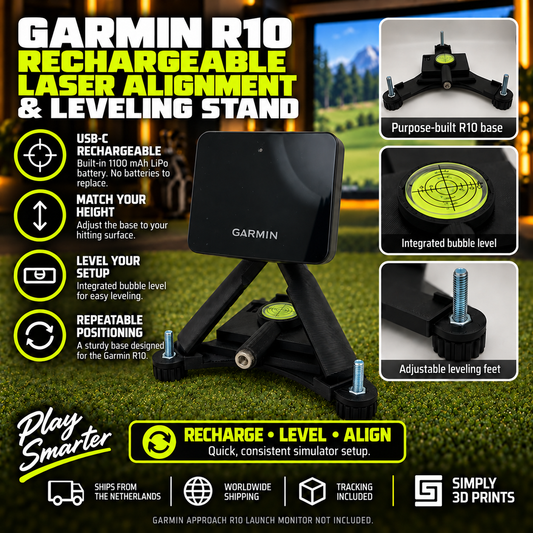 Garmin R10 stand with rechargeable laser and adjustable feet — product overview