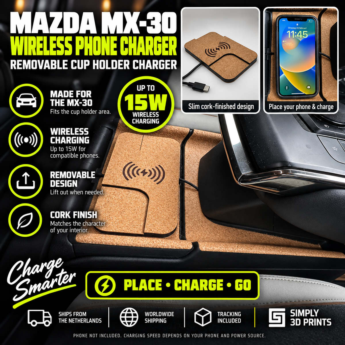 Mazda MX-30 removable cup holder wireless charger with cork finish — product overview