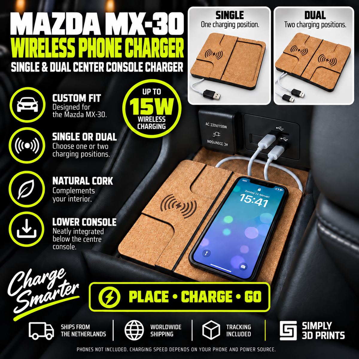 Mazda MX-30 single and dual center console wireless chargers — product comparison