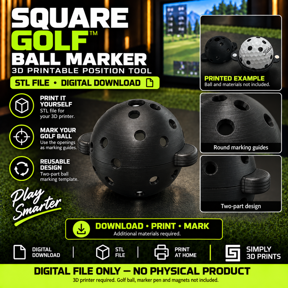 Square Golf ball marker STL file — digital download overview