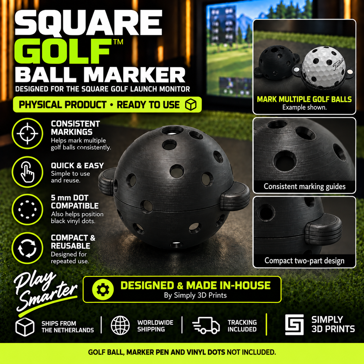 Square Golf ball marker with golf ball and marking guides — product overview