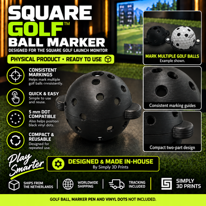 Square Golf ball marker with golf ball and marking guides — product overview