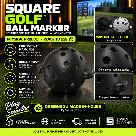 Square Golf ball marker with golf ball and marking guides — product overview