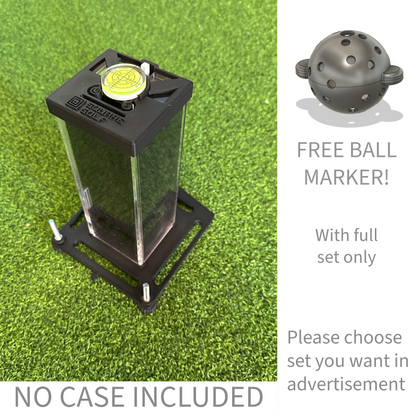 Square Golf leveling system shown with the original acrylic case; case not included and free ball marker with Full Set only