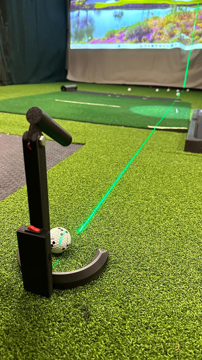 Side view of the putting alignment tool and green line toward a simulator screen