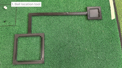 Square Golf ball positioning arm and frame on a hitting mat