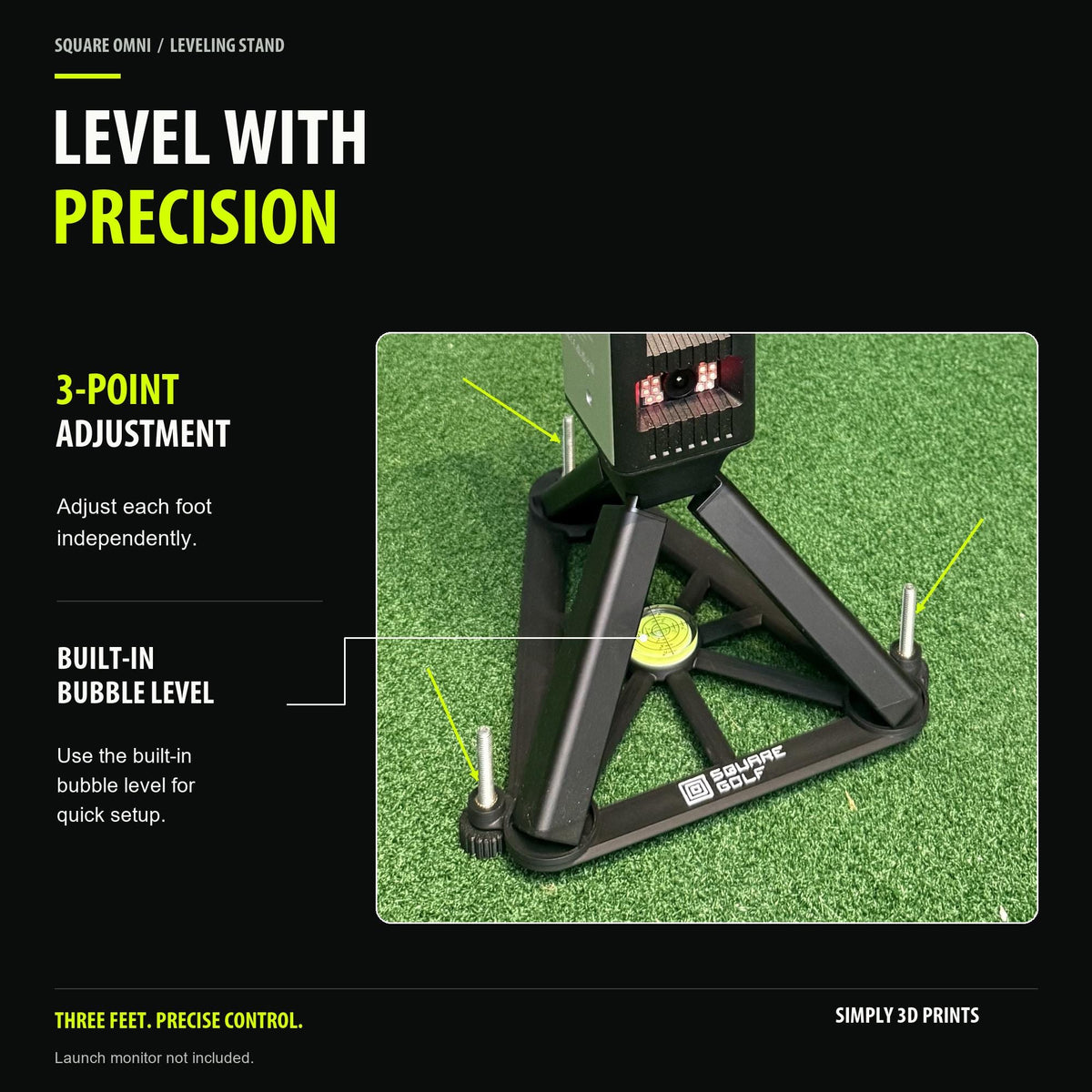 Square Golf Omni leveling stand with three adjustable feet and bubble level