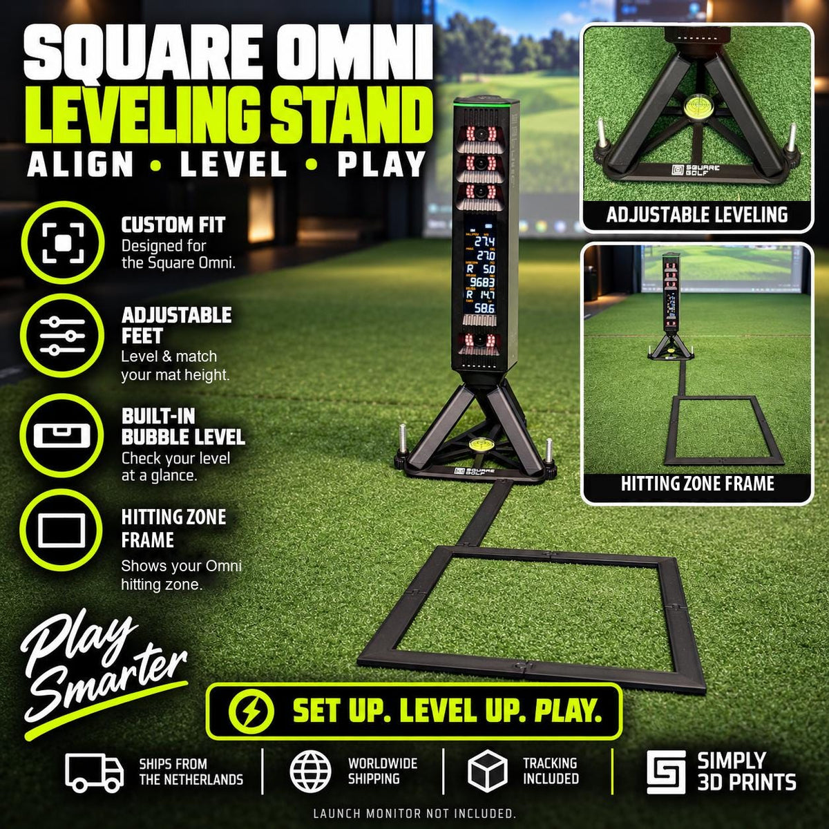 Square Golf Omni leveling stand and hitting zone frame — product overview