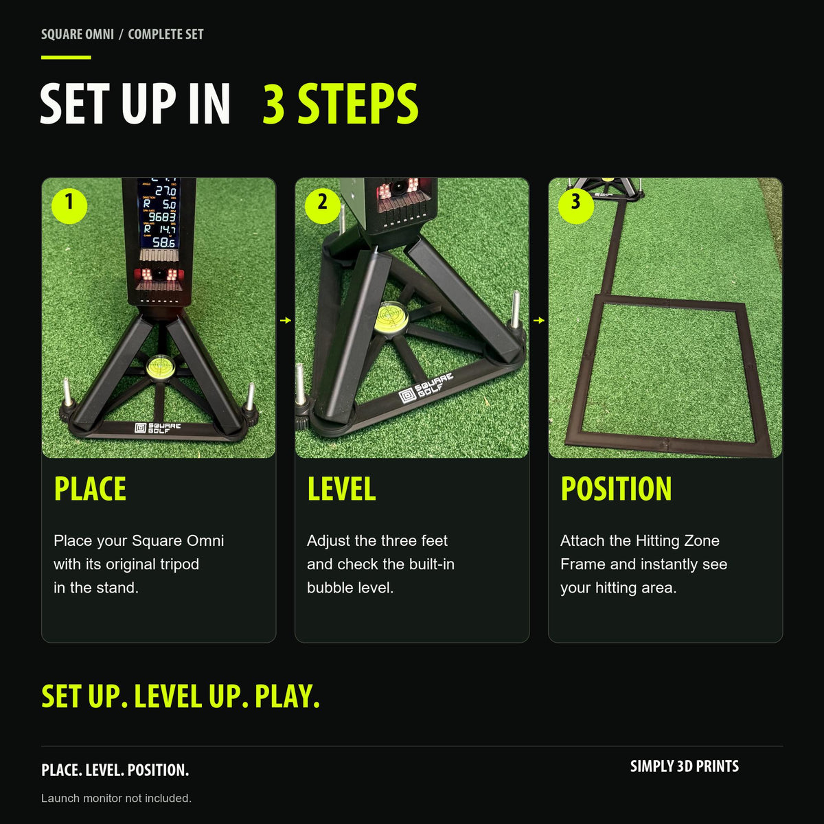 Three setup steps for Square Golf Omni: place, level and position the hitting zone frame