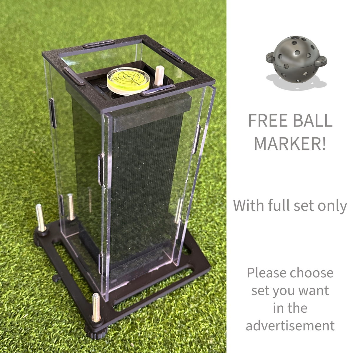 Square Golf protective case with adjustable feet and bubble level; free ball marker with Full Set only
