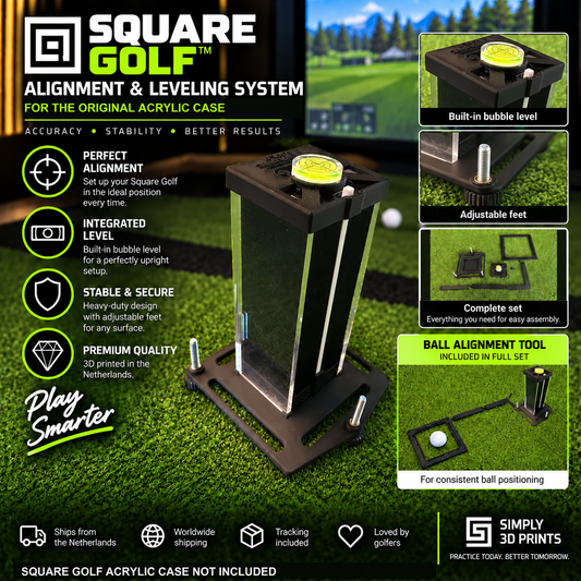 Alignment and leveling system for the original Square Golf acrylic case, with adjustable feet and bubble level; case not included