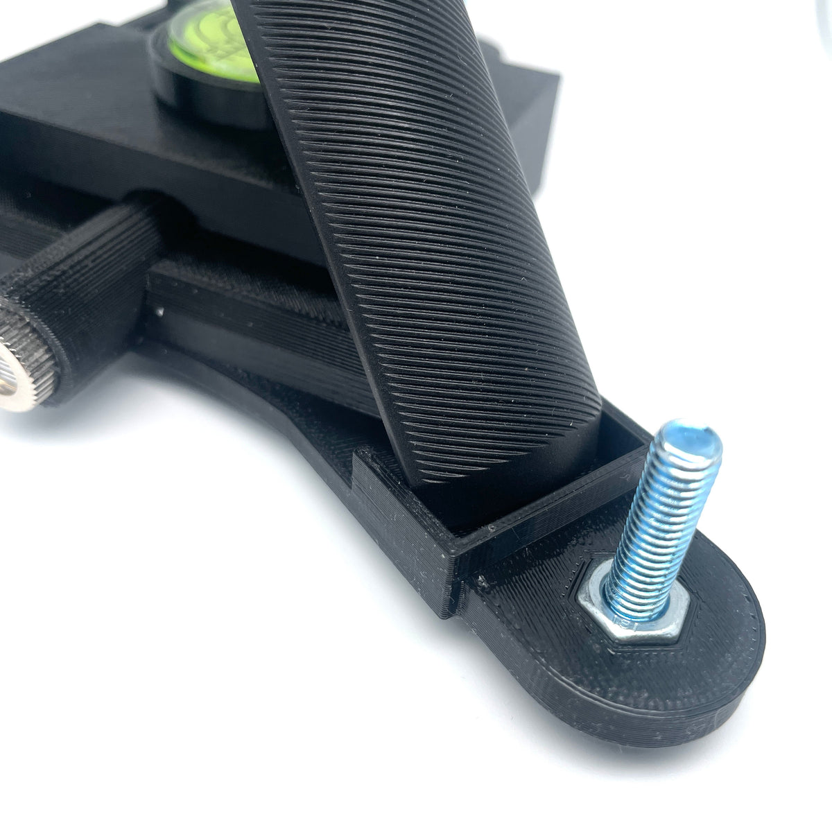 Close-up of the adjustable foot and Garmin R10 support on an assembled stand