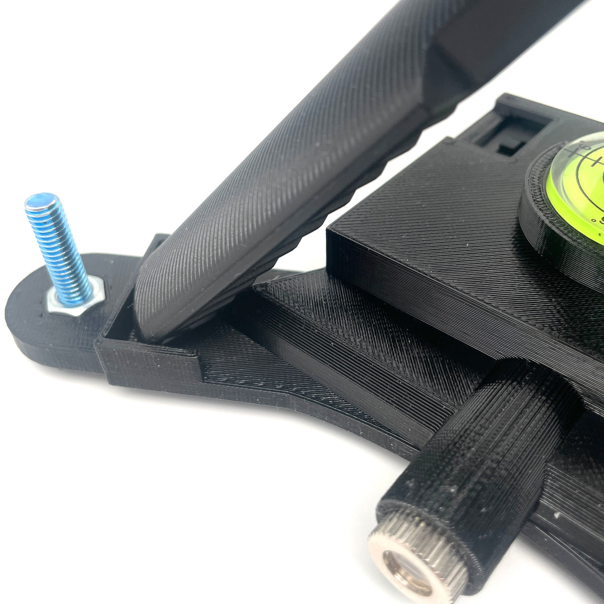 Close-up of the laser housing and adjustable foot on the printed Garmin R10 stand