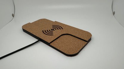 Angled view of the cork-finished wireless charging pad